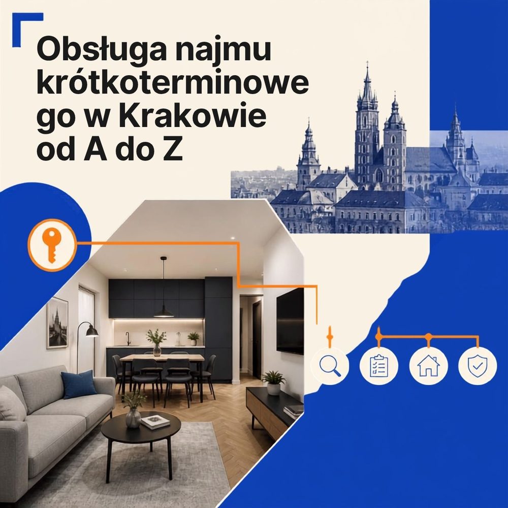 Obsługa najmu krótkoterminowego w Krakowie od A do Z — wizualizacja wnętrza z panoramą Krakowa